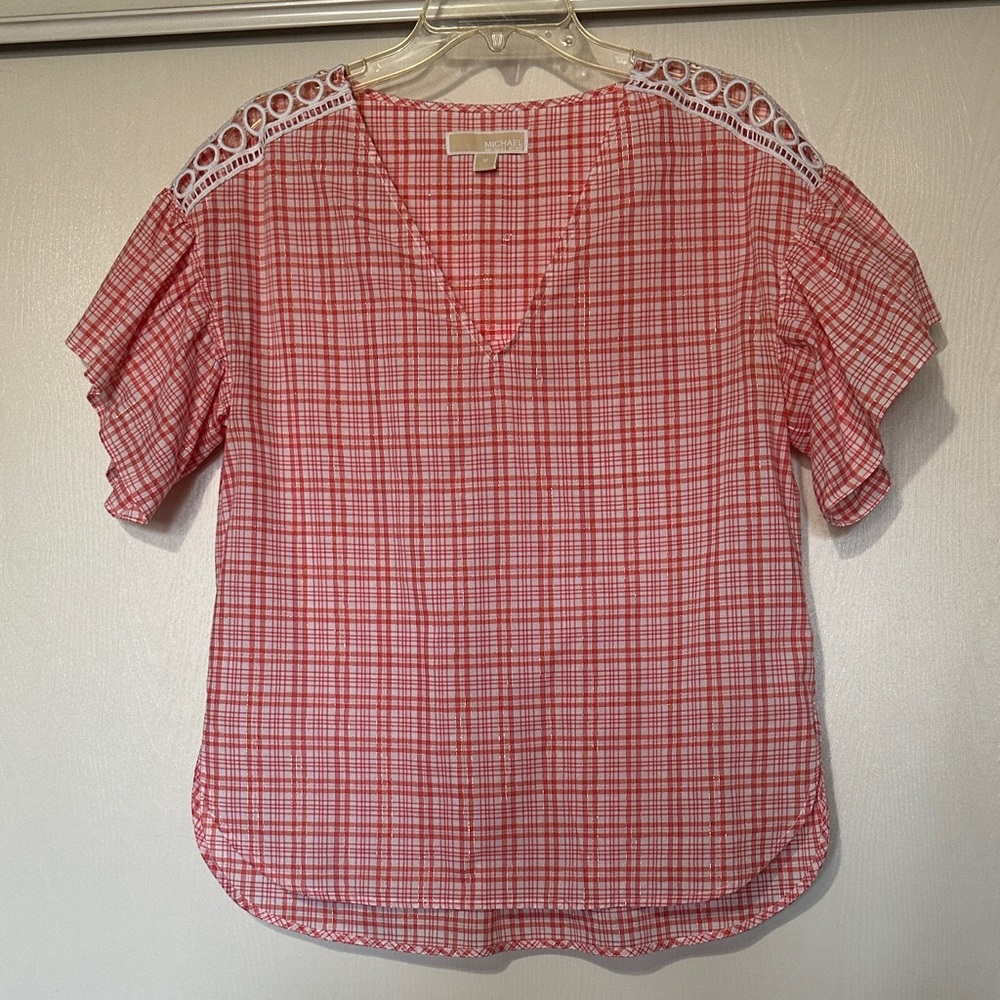 MICHAEL Michael Kors Pink Checked V-Neck Top with Lace-Trim Shoulders